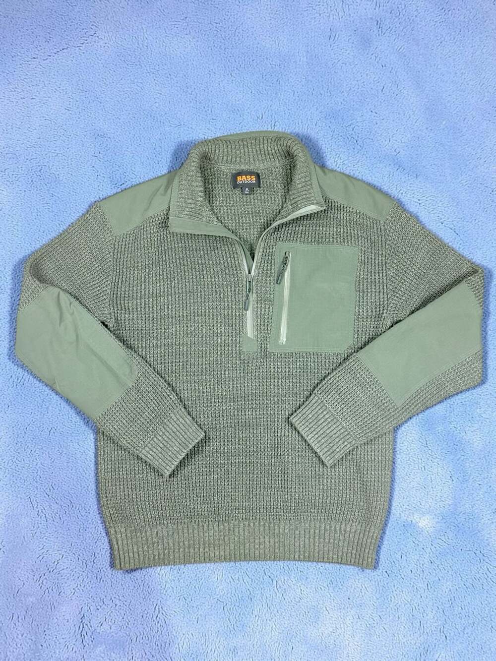 Bass Outdoor Men's Green Quarter-Zip Long Sleeve Pullover Patch Sweater Size M